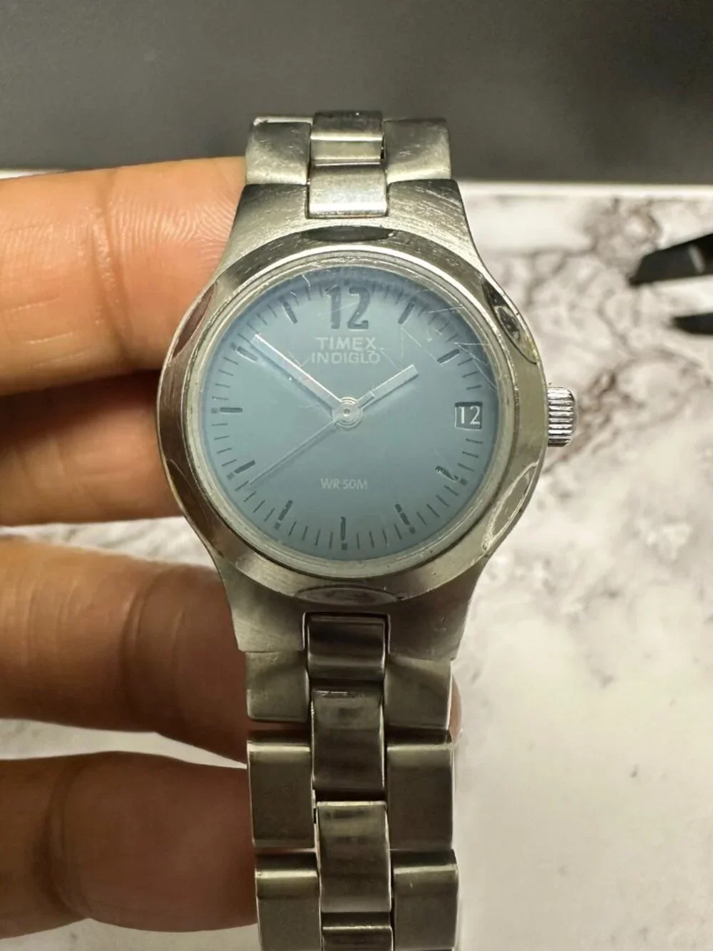 Timex Indiglo Watch Women Silver Tone Blue Dial Date Flawed bracelet Works